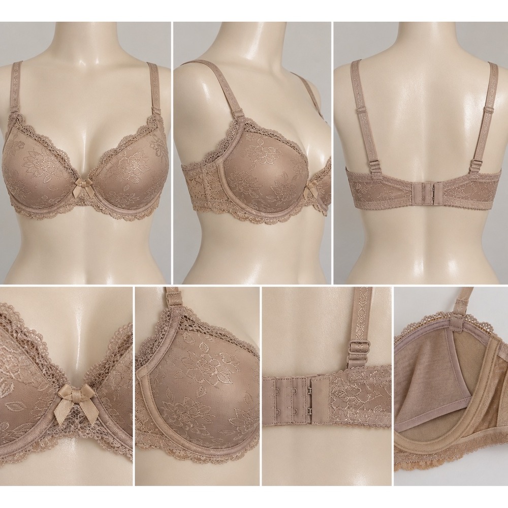 Vintage Fashion Forms Nude Floral Lace Underwire Bra Y2K Lingerie Tan 0916